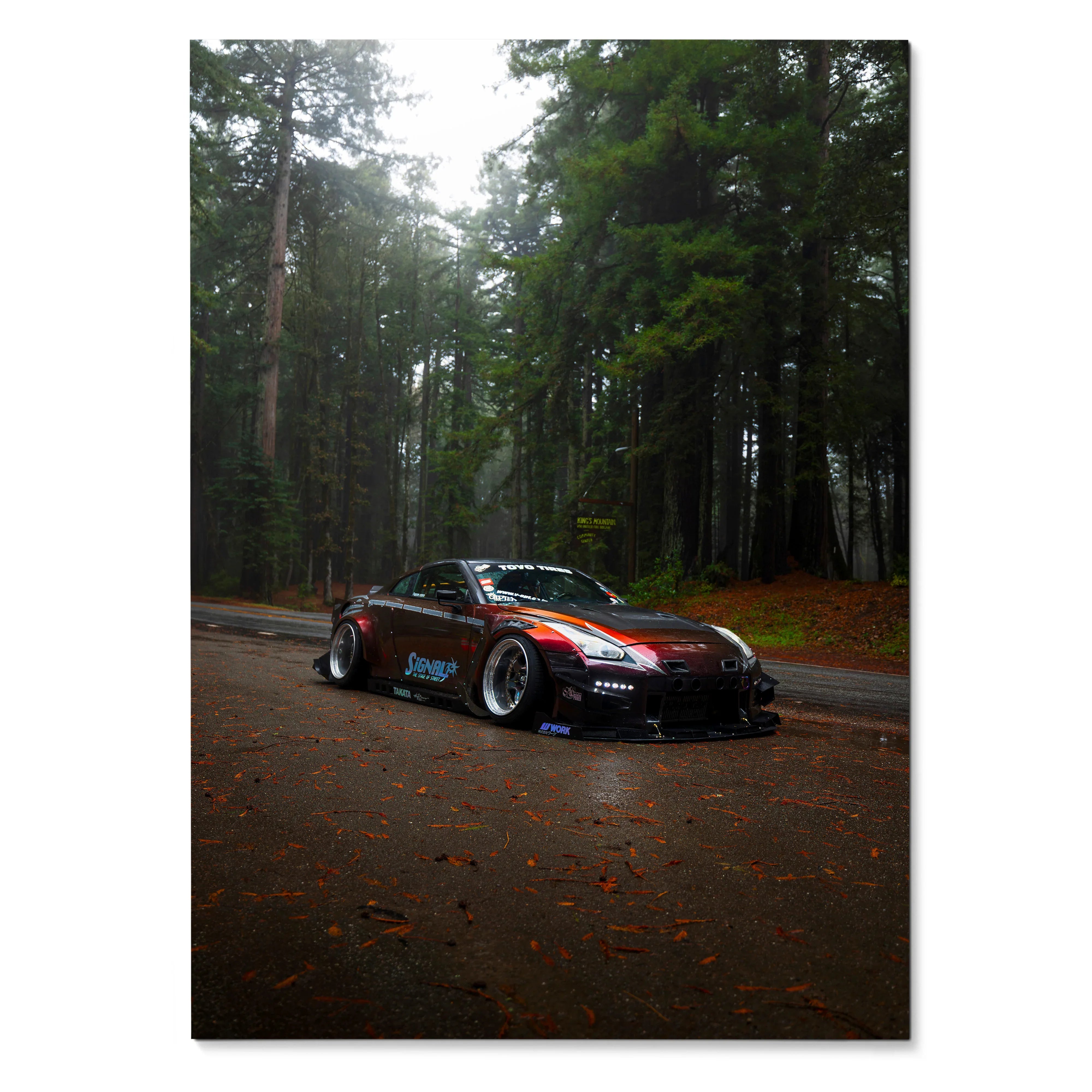 Nissan GT-R R35 in red and black racing design on forest road poster wall art.