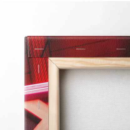 Close-up of wooden frame and canvas texture on red Nissan 370z vertical canvas wall art.