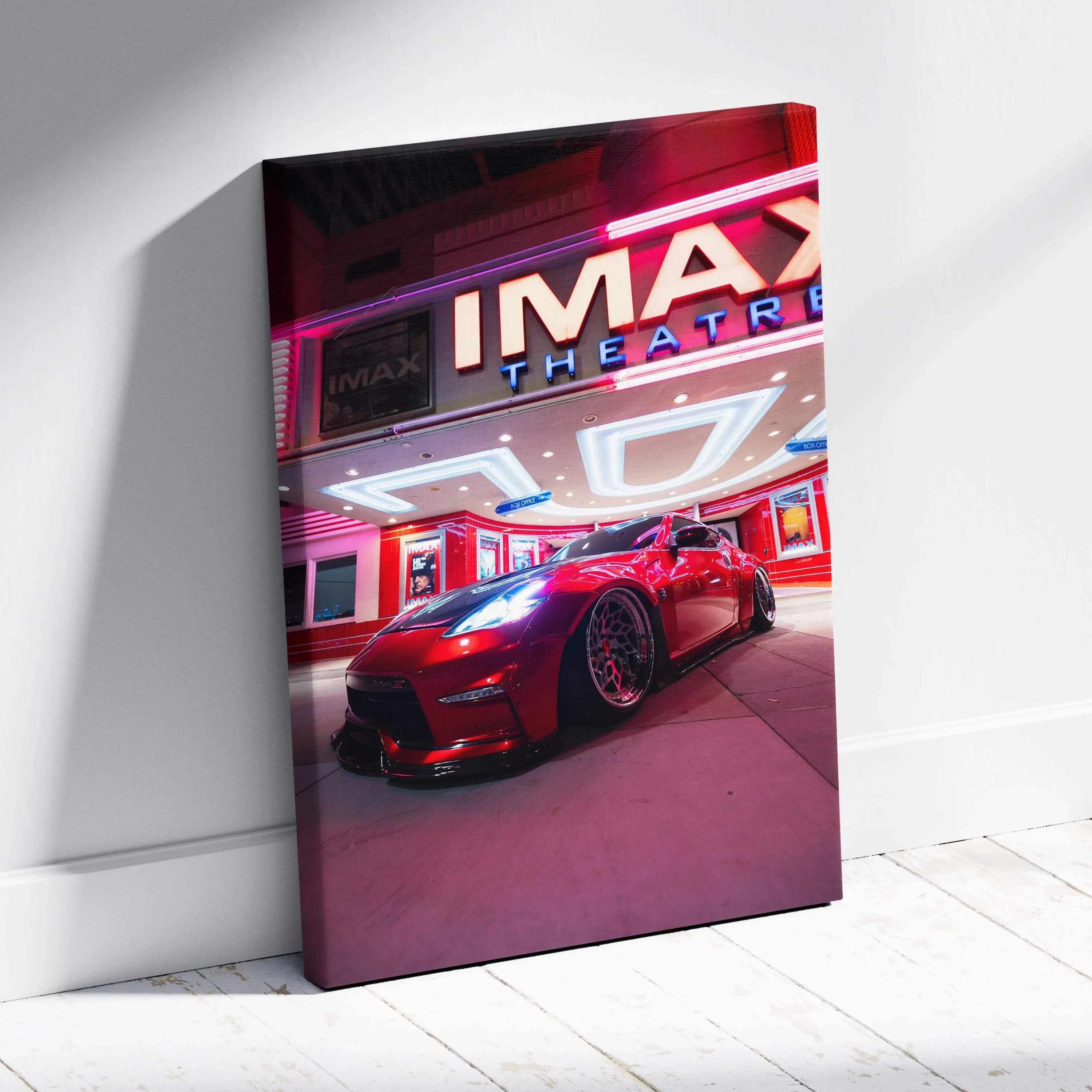 Nissan 370z red sports car under neon lights canvas wall art in vertical format.