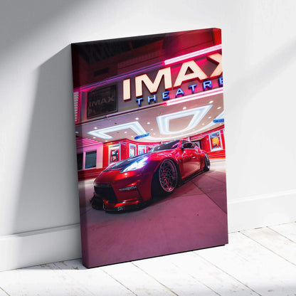 Nissan 370z red sports car under neon lights canvas wall art in vertical format.