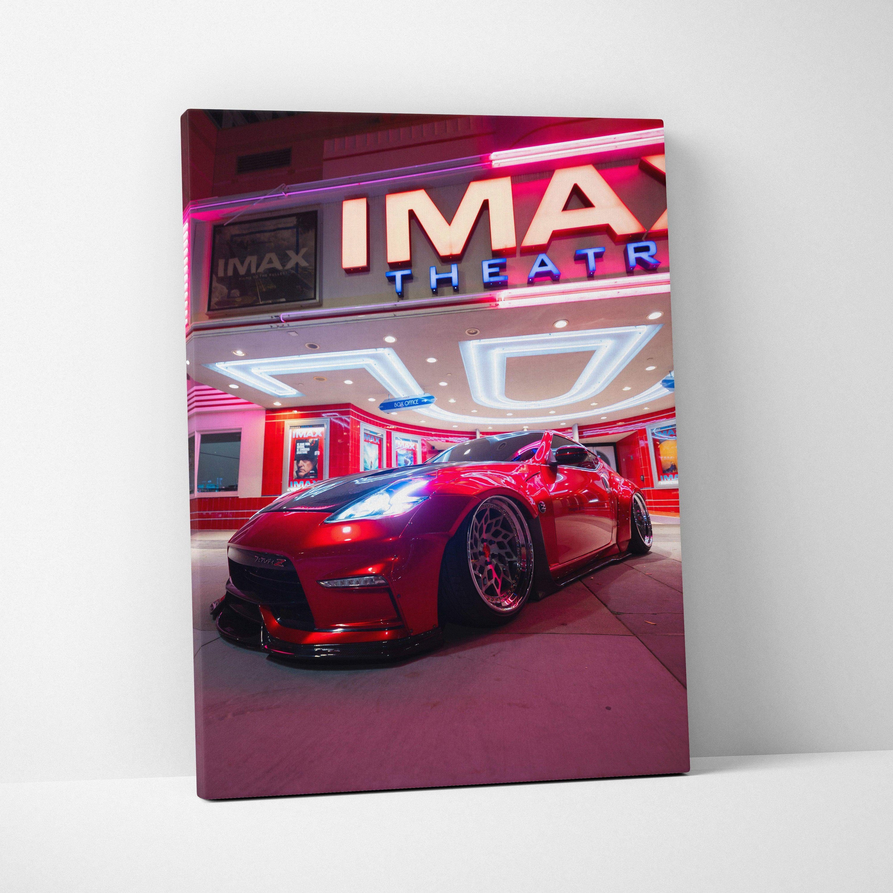 Nissan 370z red sports car at night canvas wall art with vibrant neon lights and urban background.