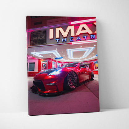 Nissan 370z red sports car at night canvas wall art with vibrant neon lights and urban background.