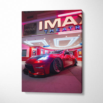 Red Nissan 370z parked under neon lights canvas wall art, vertical canvas art print.