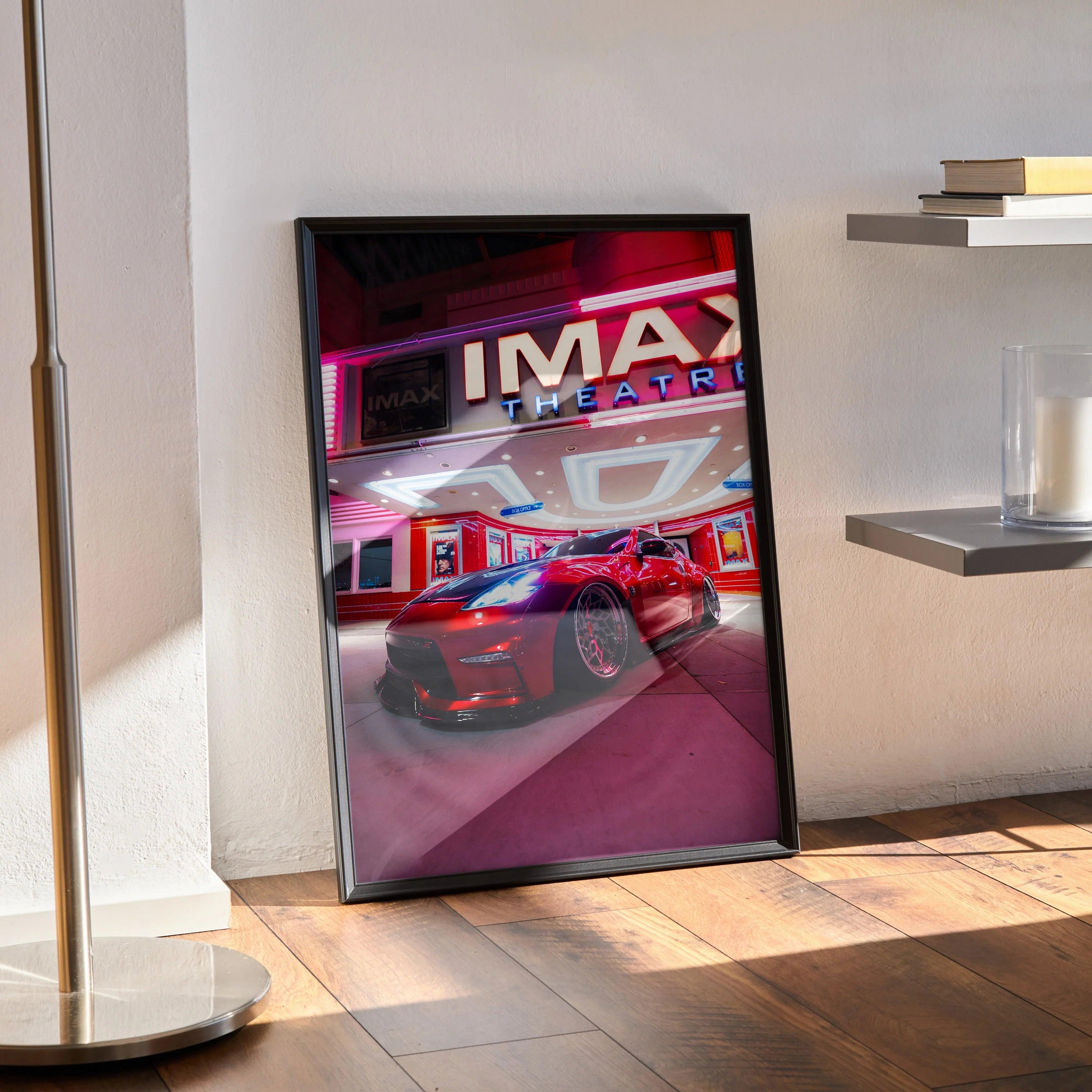 Nissan 370z JDM red sports car poster with IMAX theater background wall art in black frame.