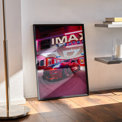 Nissan 370z JDM red sports car poster with IMAX theater background wall art in black frame.