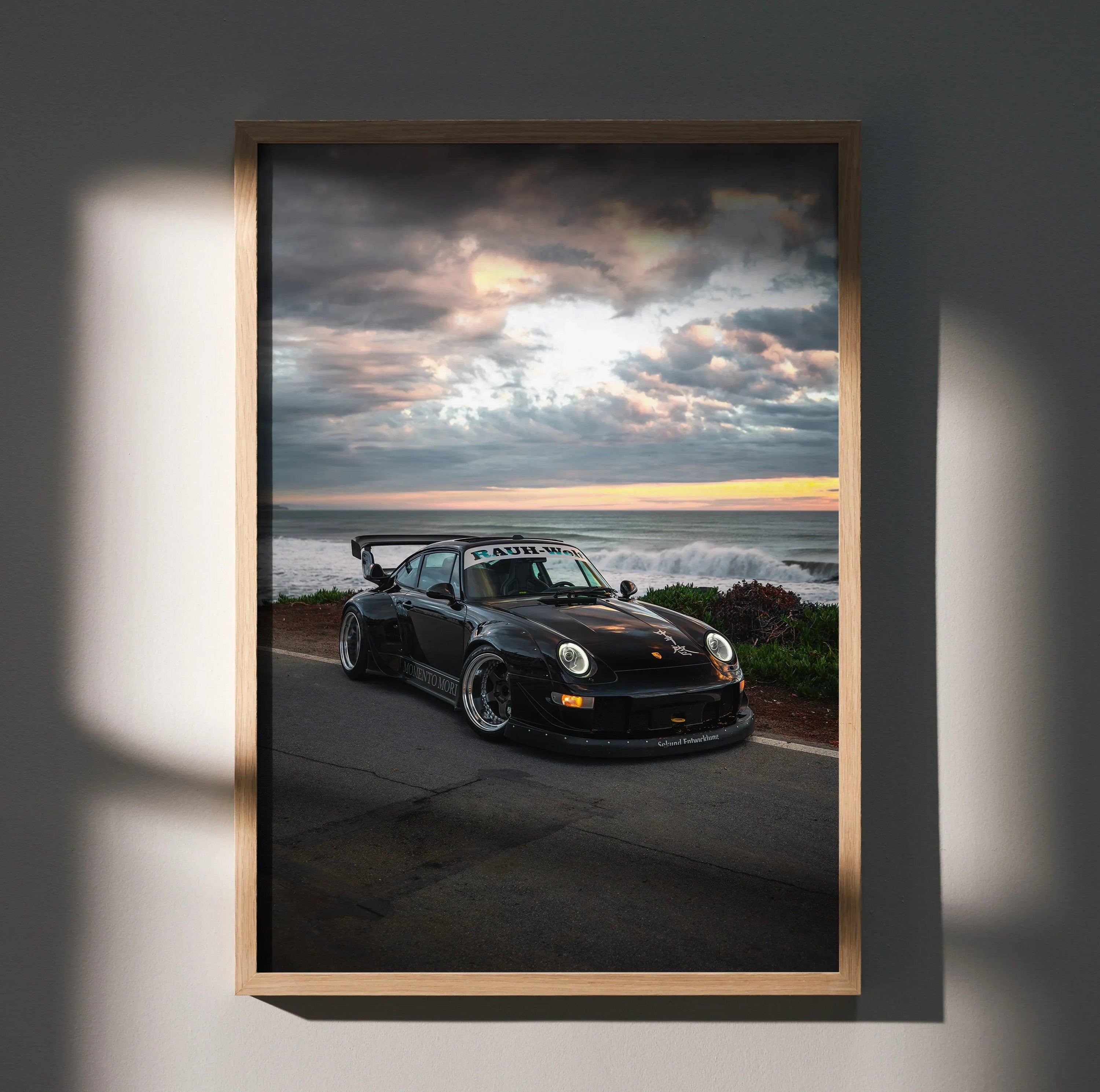 RWB Porsche 911 poster wall art with black wide-body car at sunset by the sea.