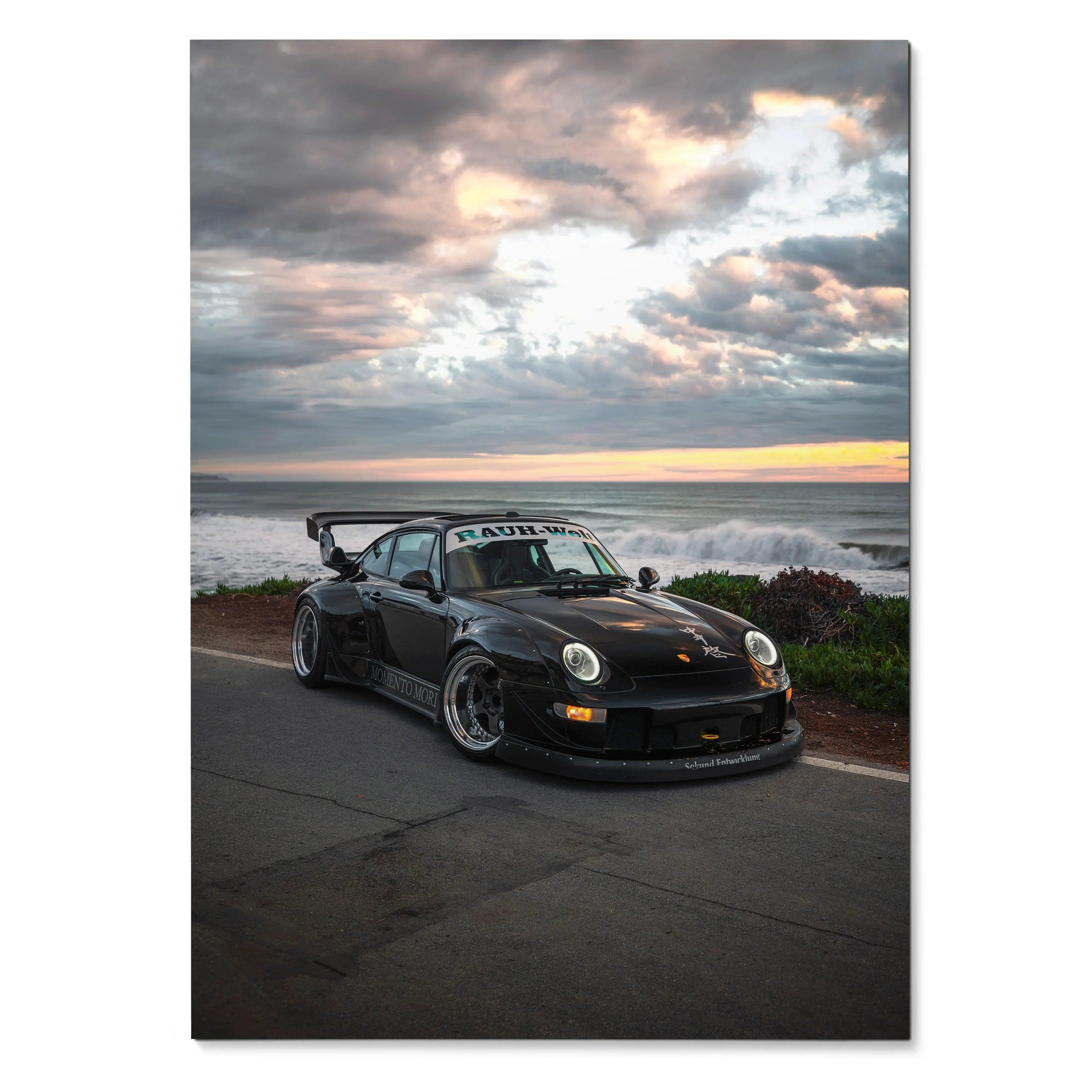 RWB Porsche 911 black sports car at sunset coastal road poster wall art.