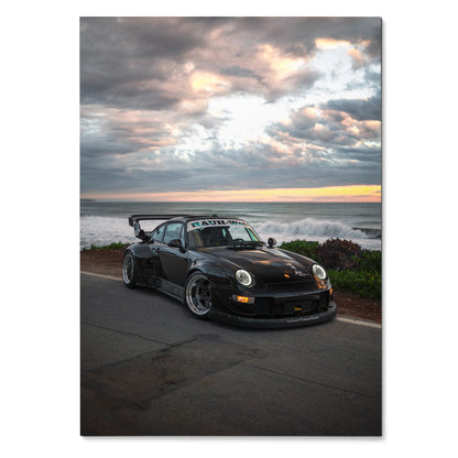 RWB Porsche 911 black sports car at sunset coastal road poster wall art.