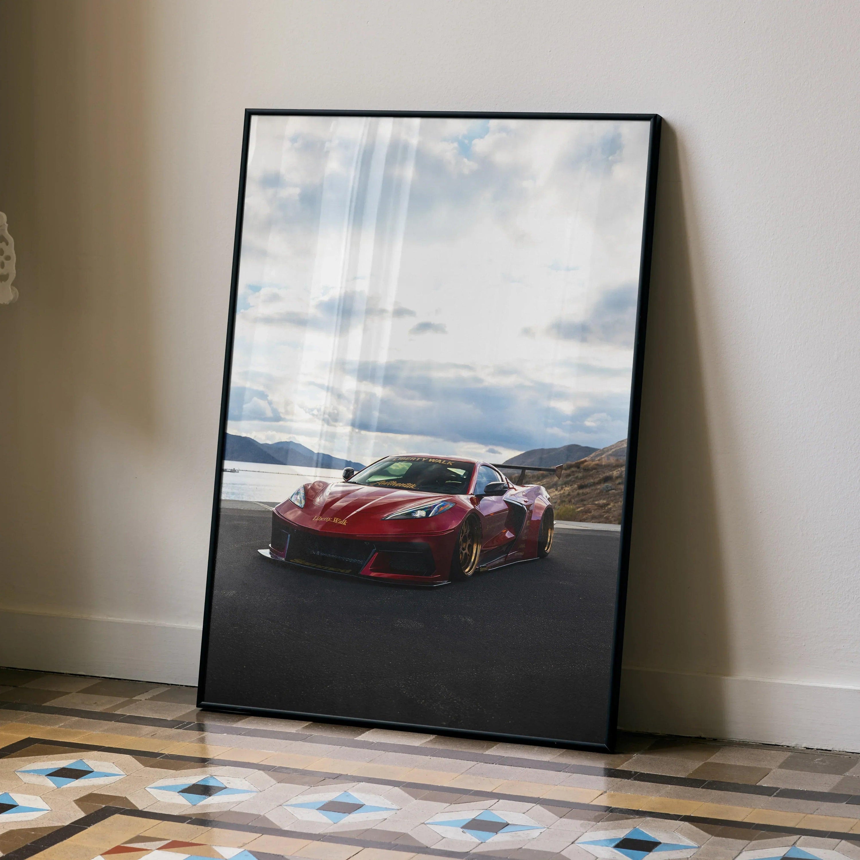 C8 Corvette red sports car poster with mountain landscape and cloudy sky wall art.