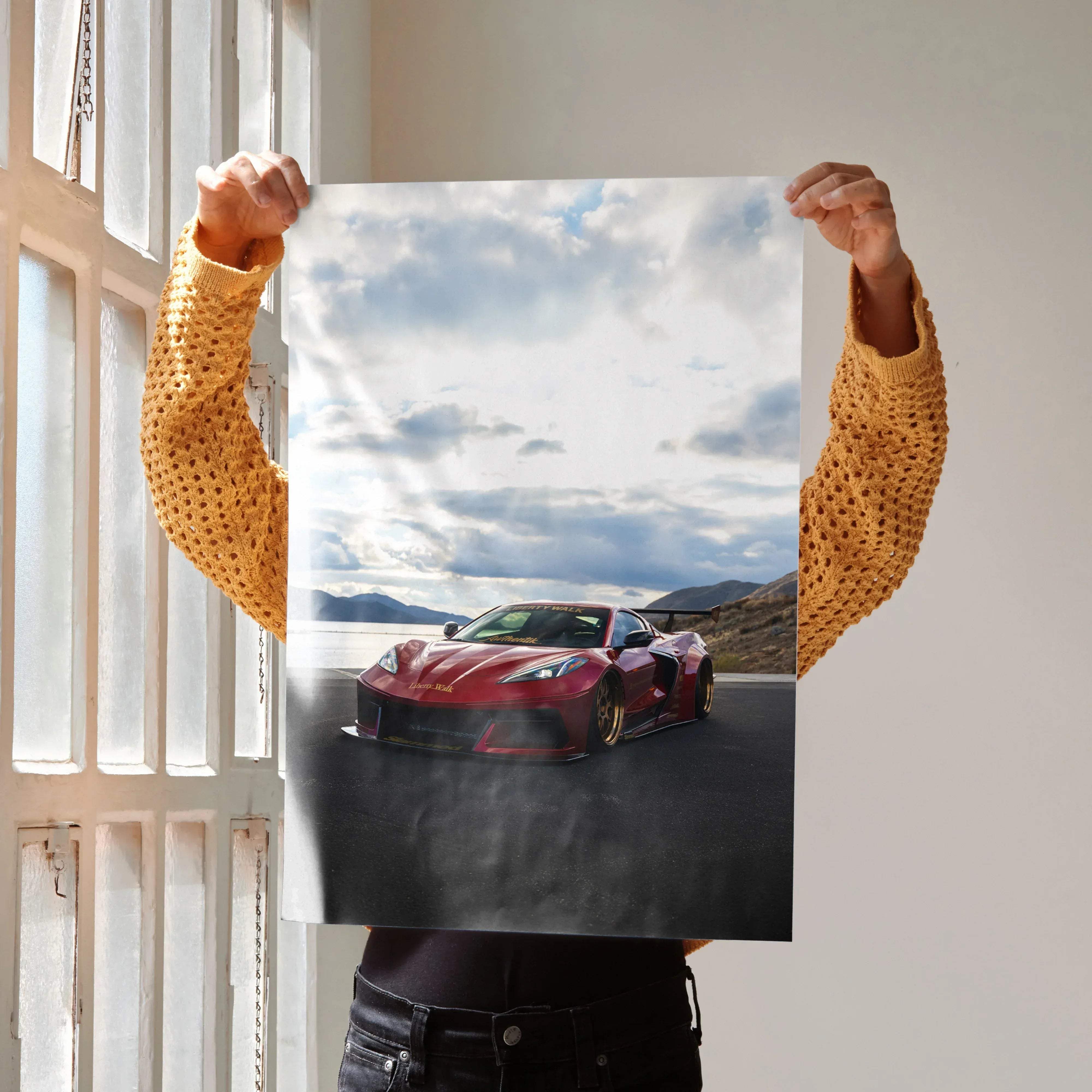 C8 corvette wall art poster featuring a red sports car with gold rims and a prominent rear spoiler in high resolution satin