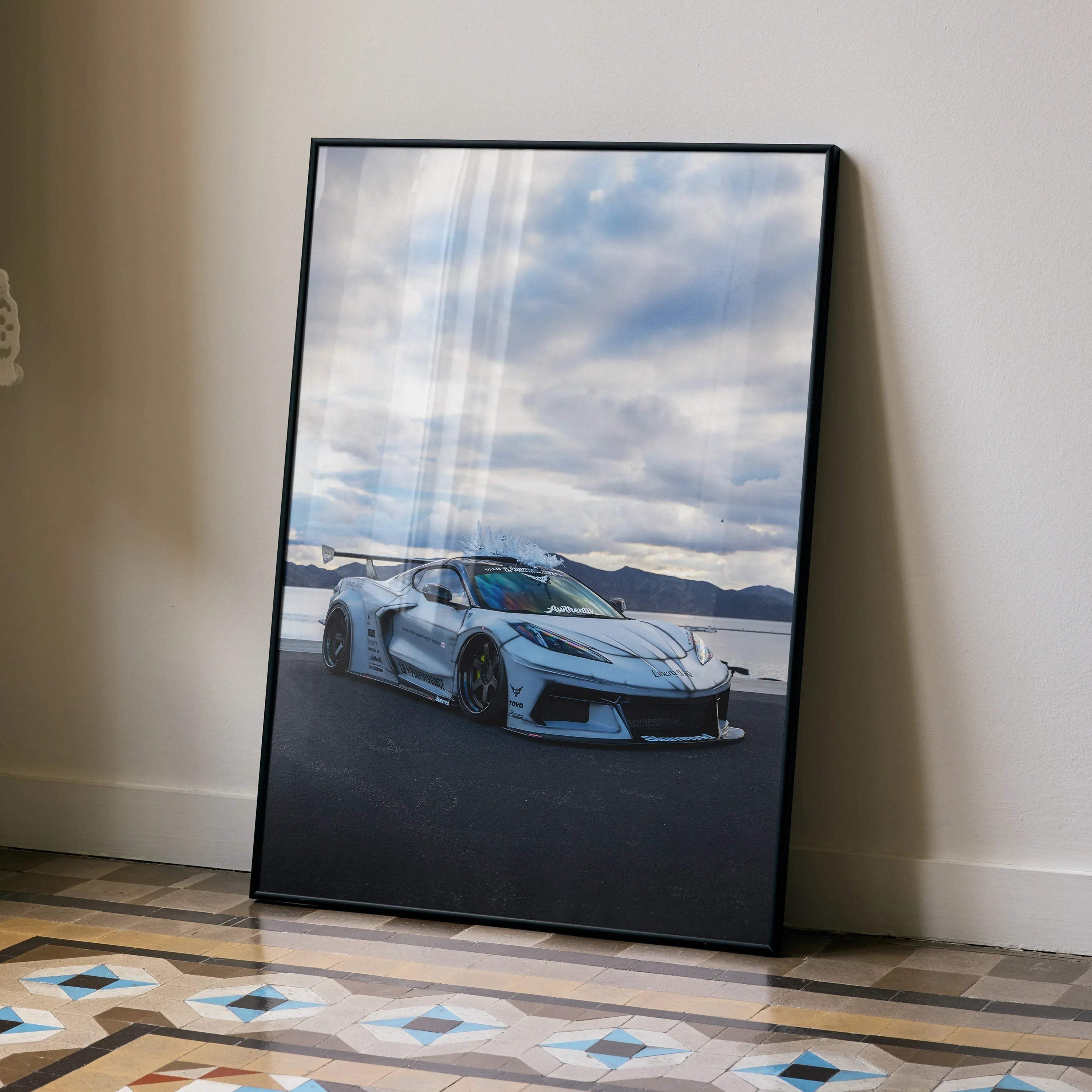 Chevrolet C8 Corvette poster with white sports car under cloudy sky, premium satin wall art print.