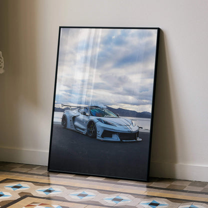 Chevrolet C8 Corvette poster with white sports car under cloudy sky, premium satin wall art print.