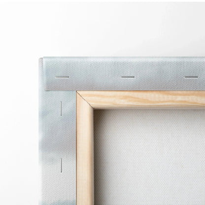 Close-up of wooden frame and stapled stretched canvas for vertical wall art canvas print.
