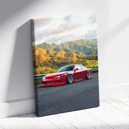 Red Nissan S15 Silvia on road with mountain landscape, vertical canvas wall art print.