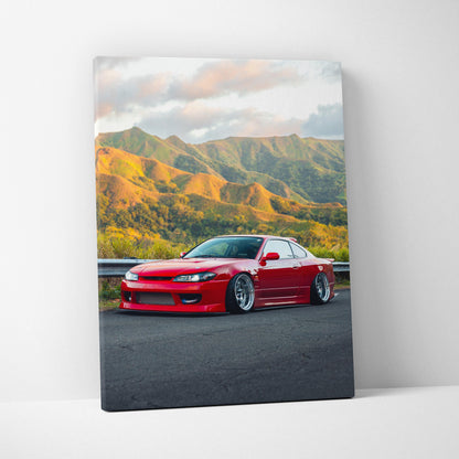 Red Nissan S15 Silvia car on road with mountain backdrop canvas wall art print.