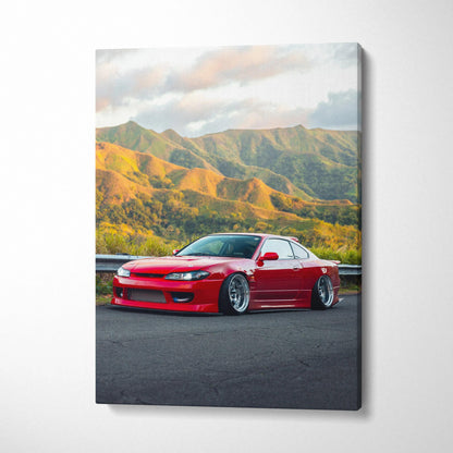 Red Nissan S15 Silvia sports car against mountain backdrop on vertical canvas wall art.