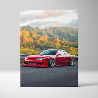 Red Nissan S15 Silvia car with lowered stance on canvas wall art featuring scenic mountain background.