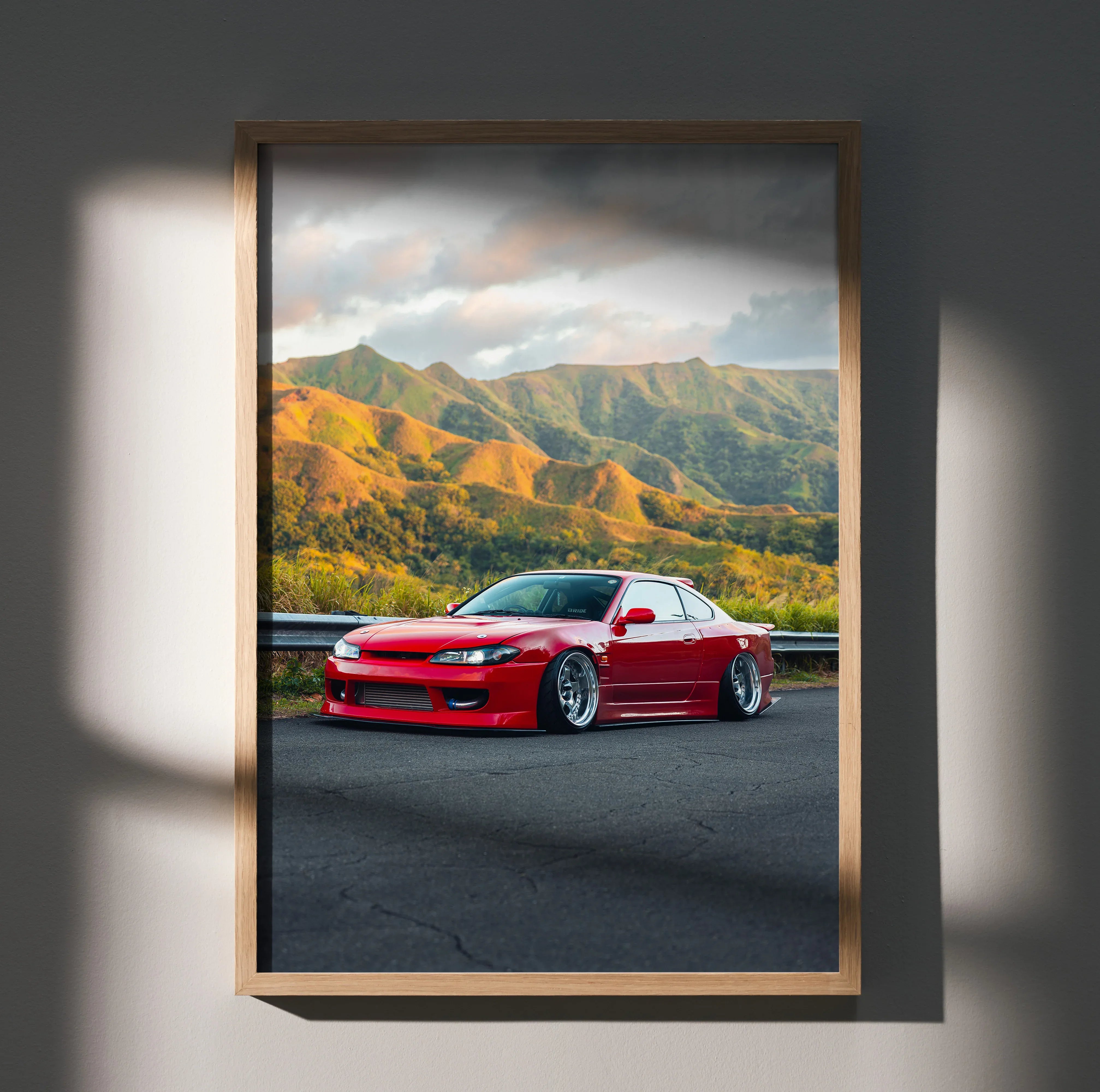 Nissan Silvia S15 parked with scenic mountain background framed as poster wall art.
