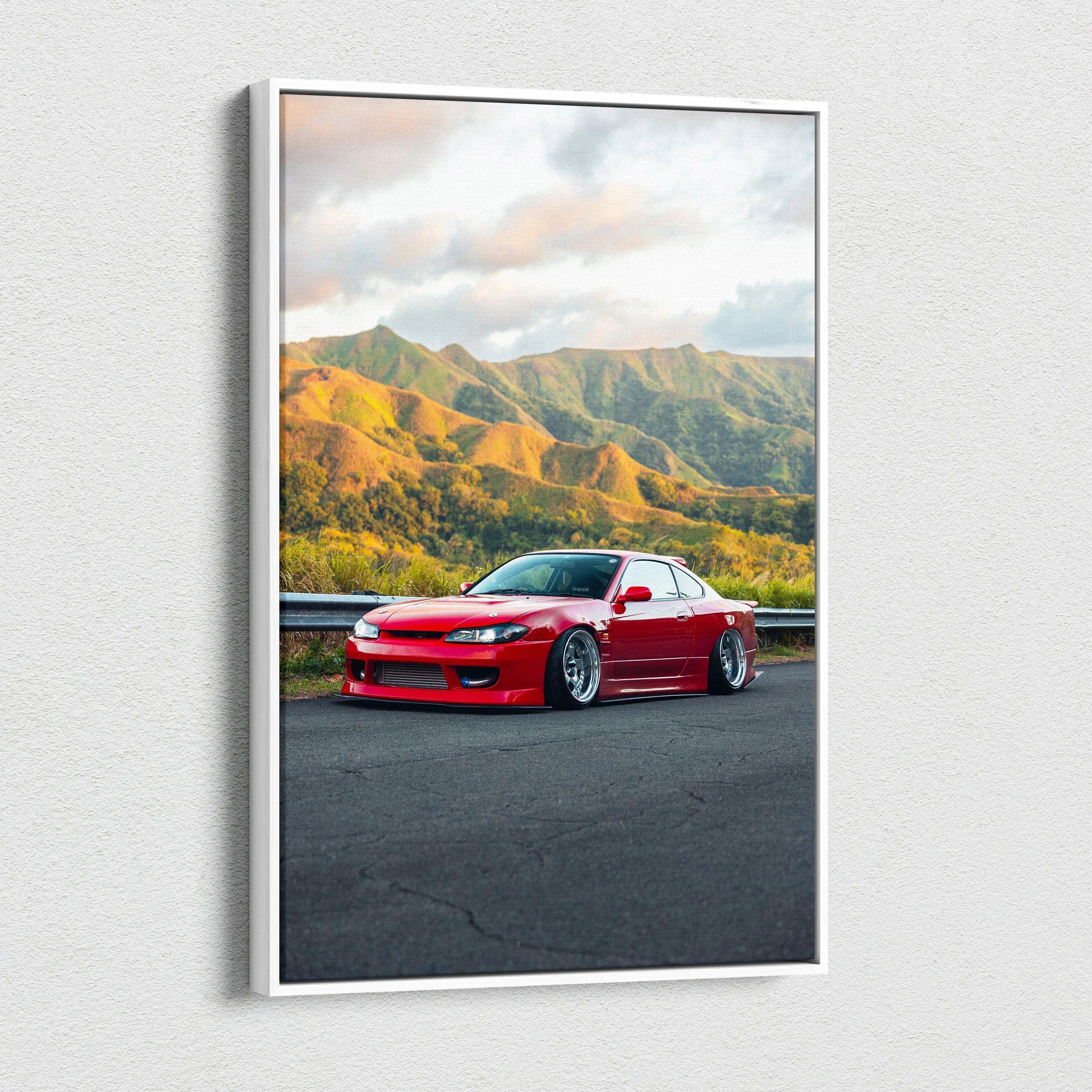 Red Nissan S15 Silvia parked on road with mountains background vertical canvas wall art.