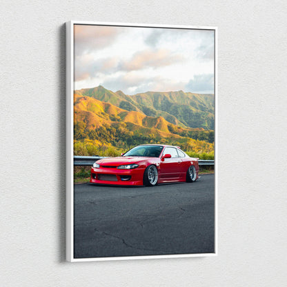 Red Nissan S15 Silvia parked on road with mountains background vertical canvas wall art.