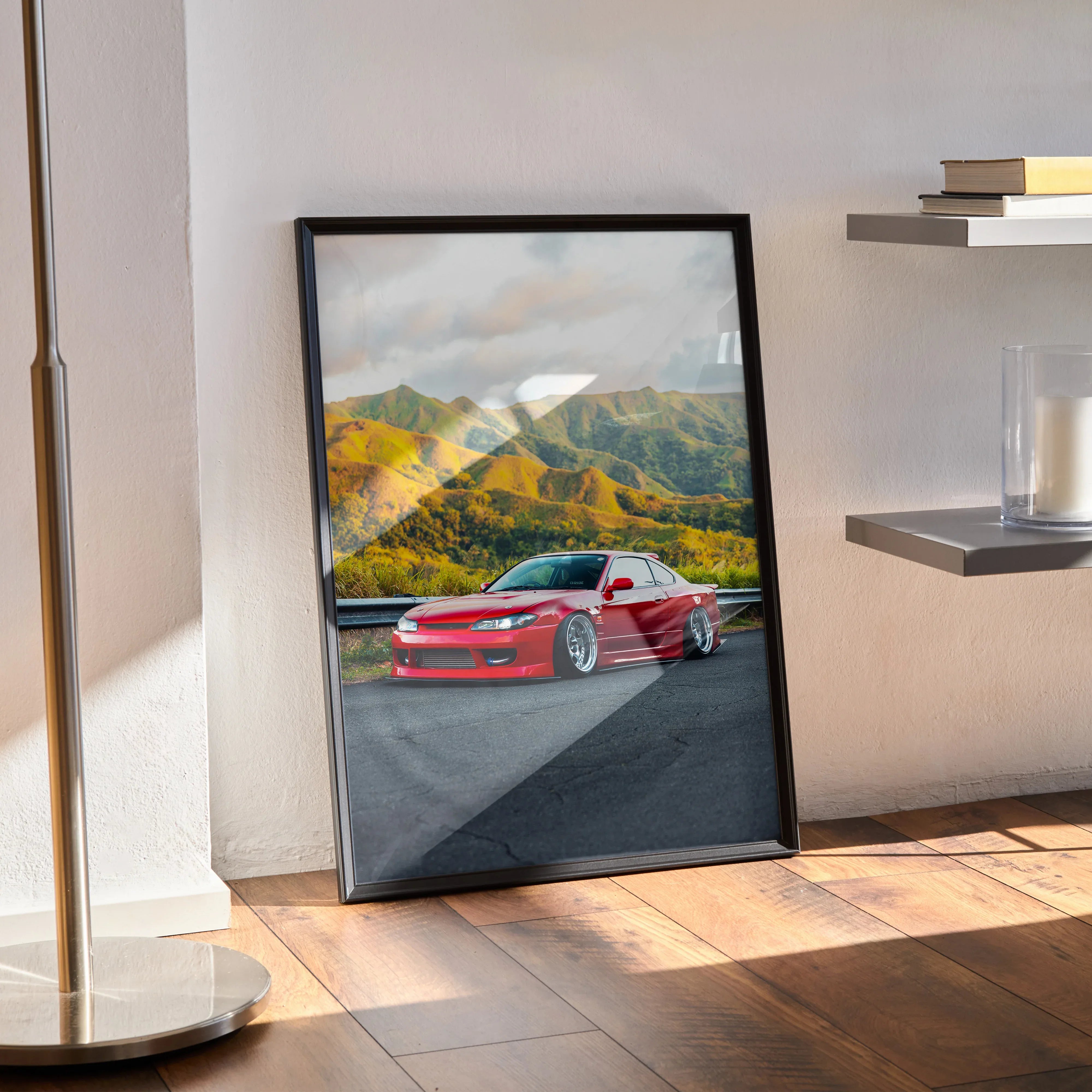 Nissan Silvia S15 red sports car on mountain road poster wall art in black frame.