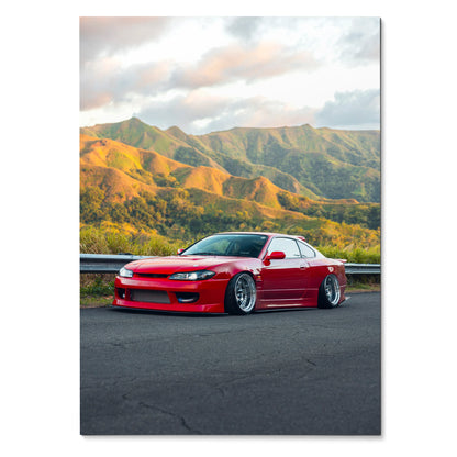 Red Nissan Silvia S15 parked on road with mountain backdrop poster wall art.