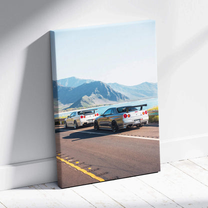 Nissan GTR R34 Skyline racing on mountain road canvas wall art in vertical format.