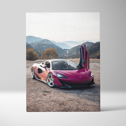 Vertical canvas art of a purple McLaren 600LT with open doors in a mountainous landscape background.