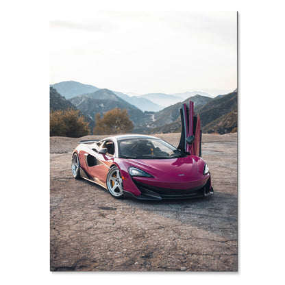 McLaren 600LT in vibrant purple with scissor door open on cracked desert ground poster wall art.