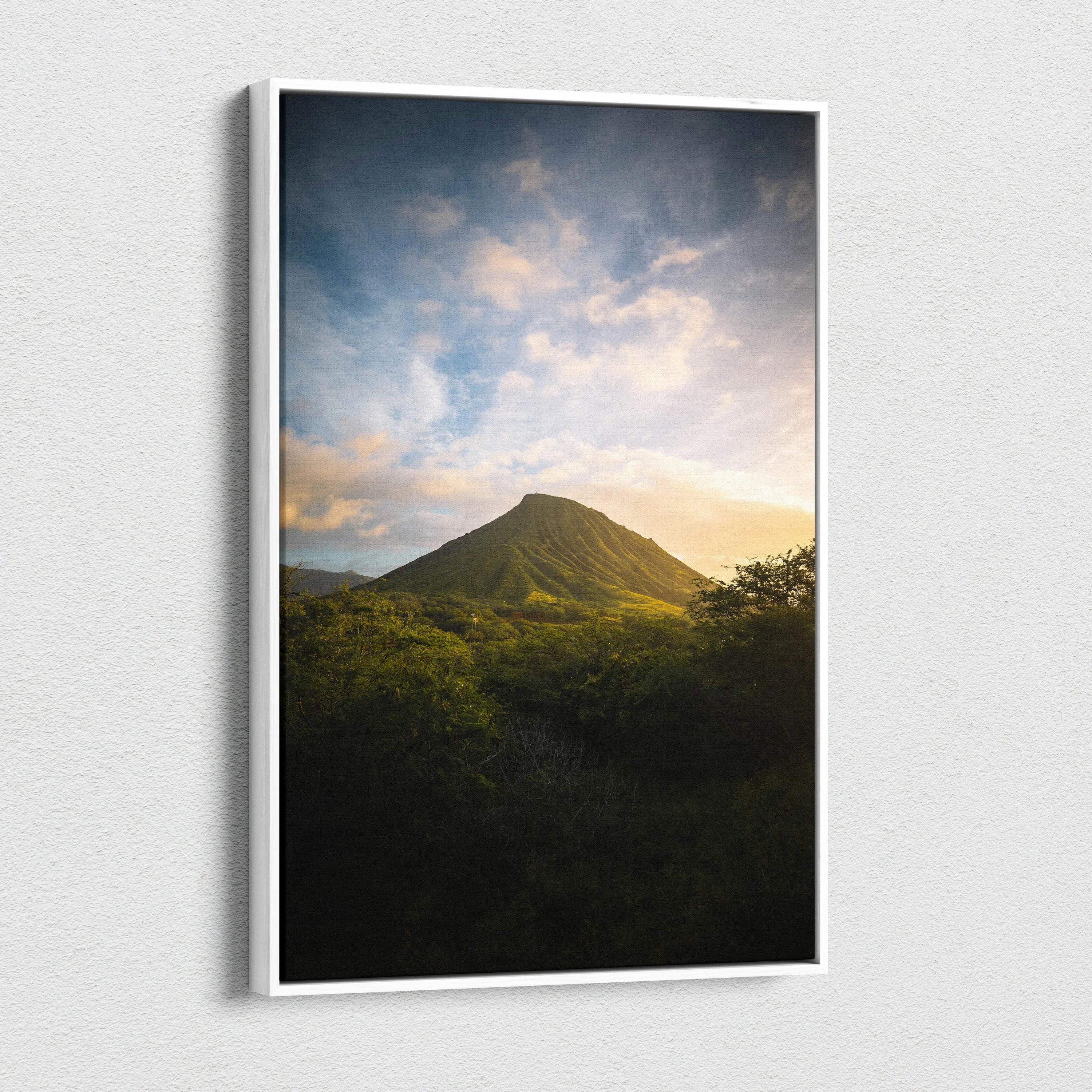 Golden Hour Hawaii lone green volcano cone canvas print with lush foliage and soft clouds