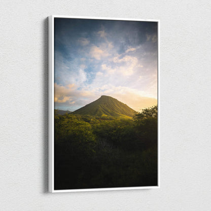 Golden Hour Hawaii lone green volcano cone canvas print with lush foliage and soft clouds