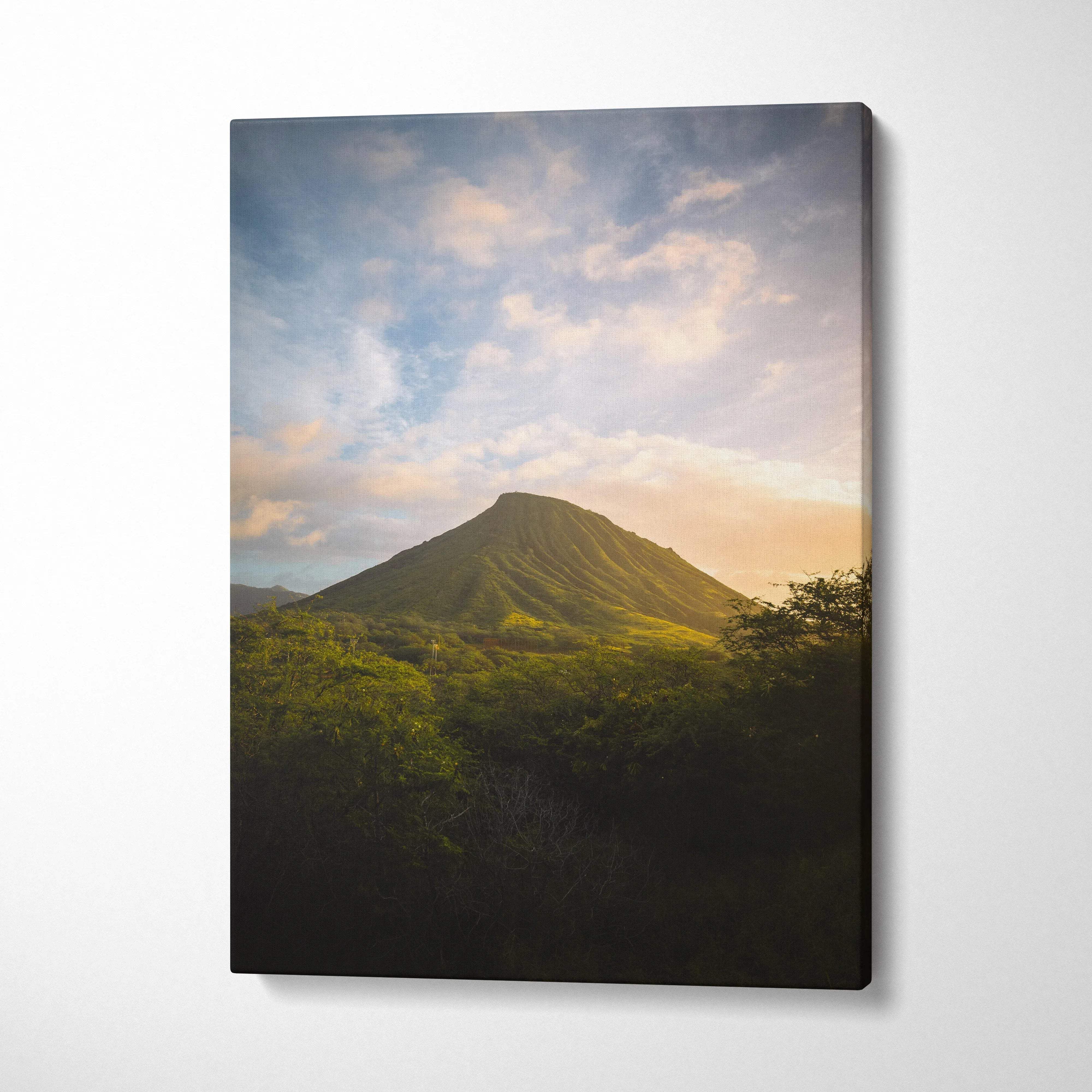 Golden Hour Hawaii lone green volcano cone canvas wall art