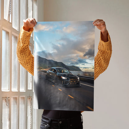 Subaru WRX STI driving on mountain road at sunset poster wall art print.