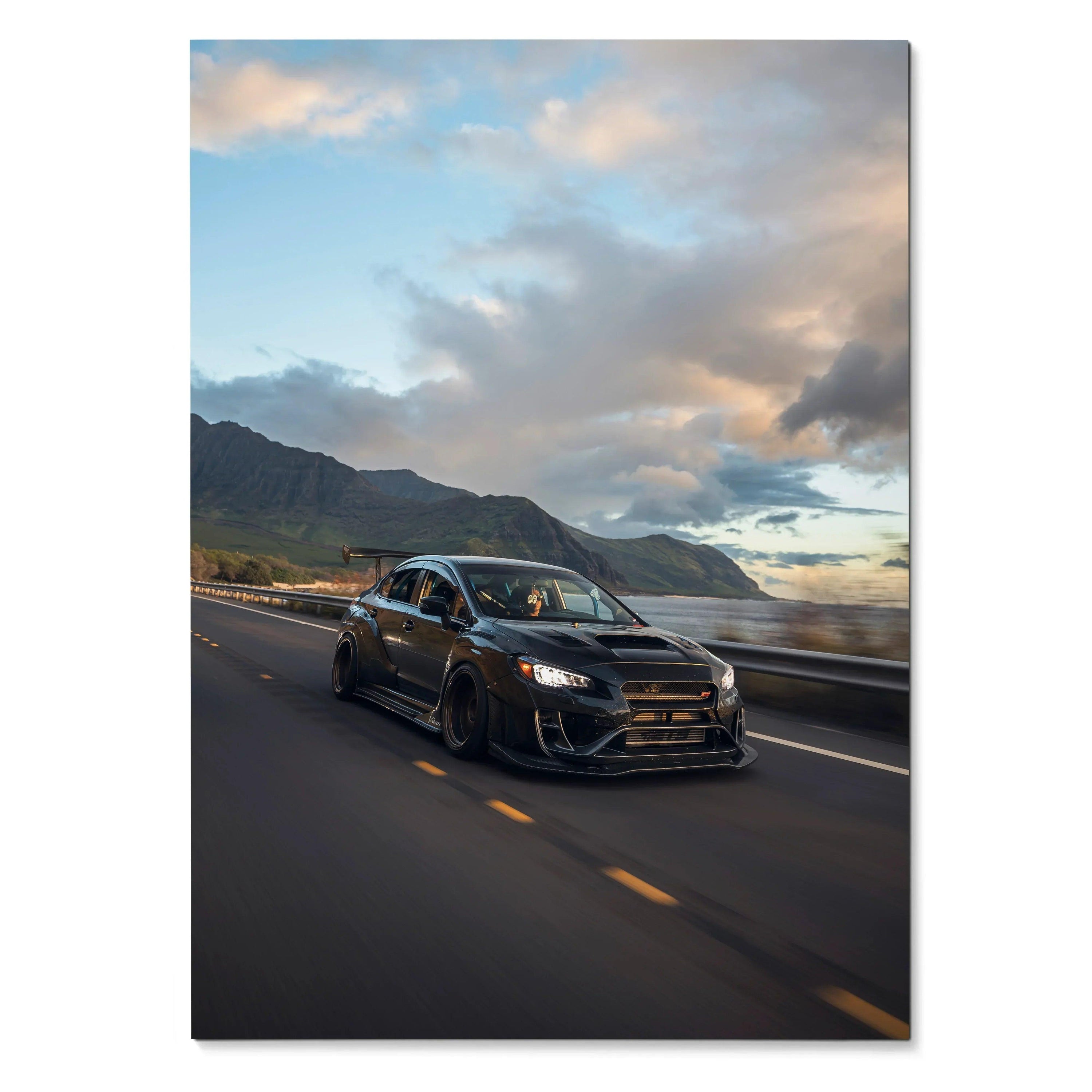 Subaru WRX STI driving on coastal highway at sunset poster wall art print.