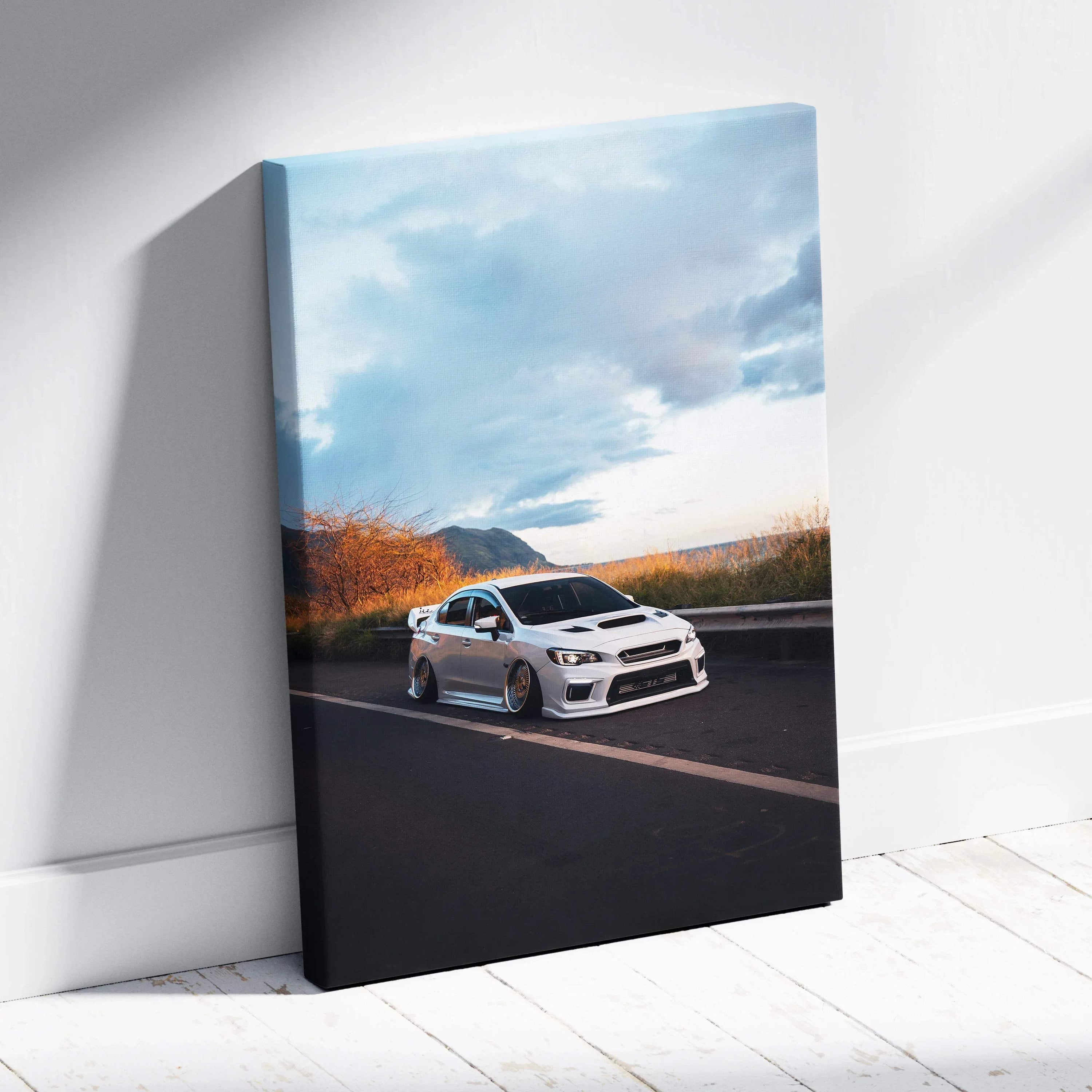 Subaru WRX STI driving on road under blue sky canvas wall art vertical print.