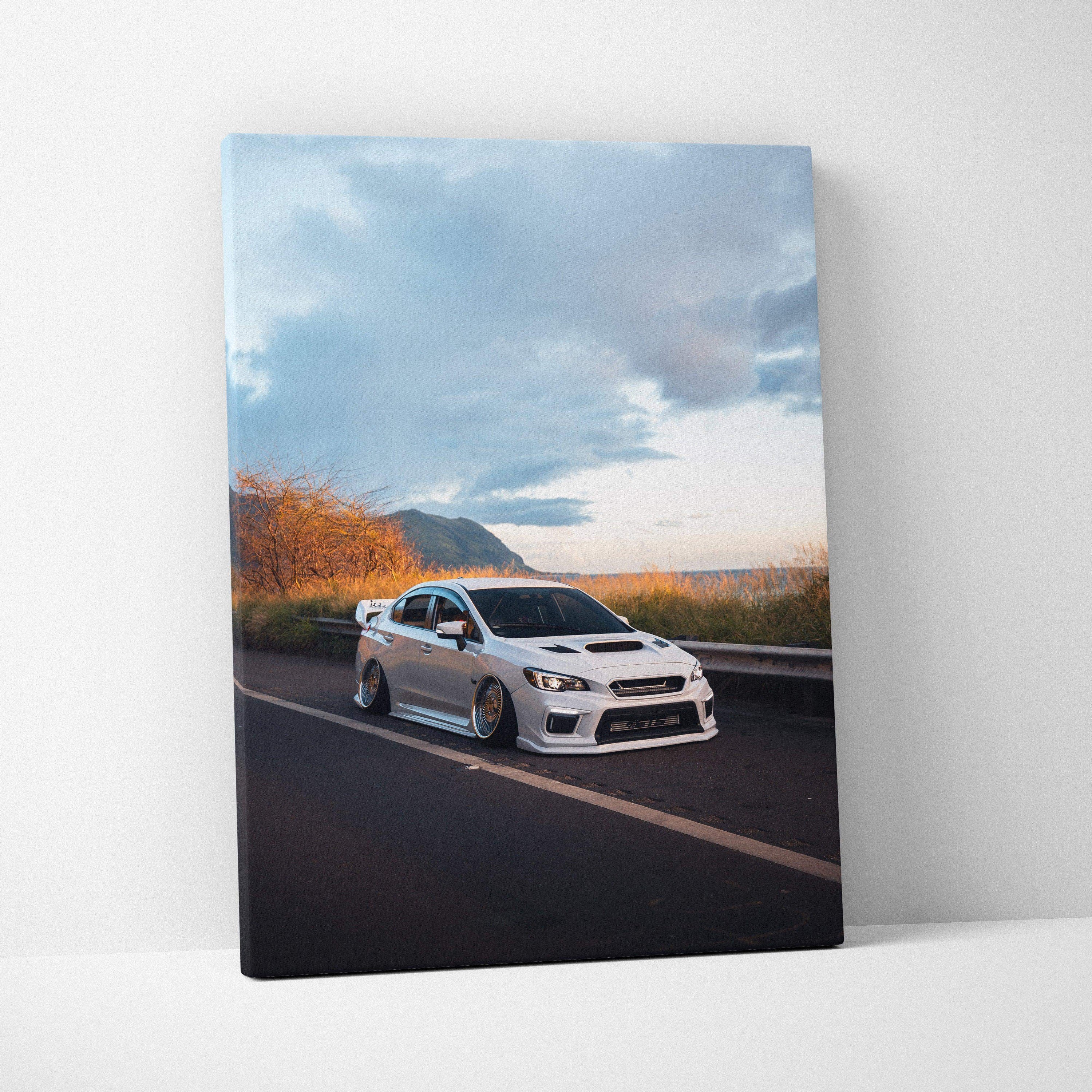 Subaru WRX STI speeding on road against cloudy sky canvas wall art vertical canvas art.