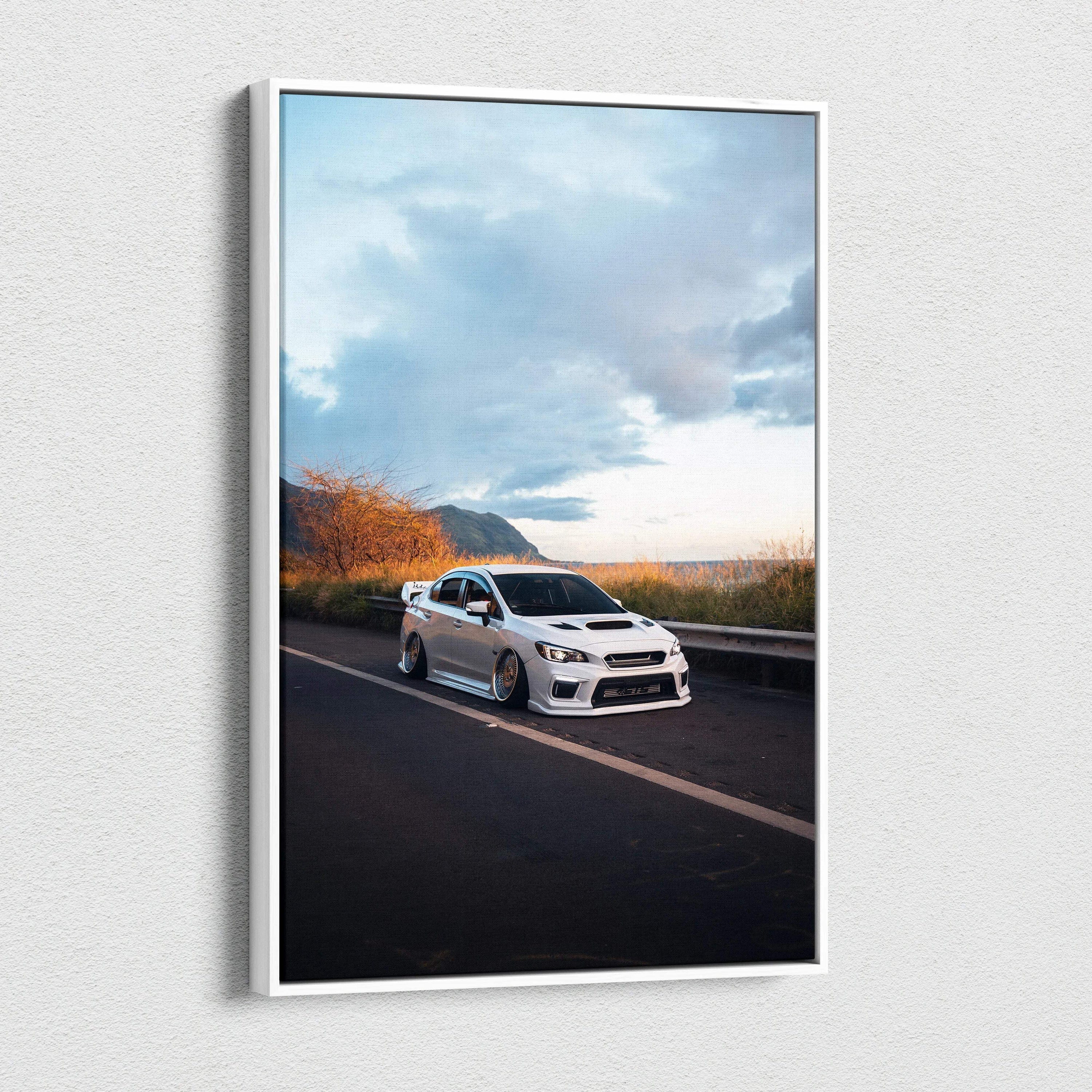 Vertical Subaru WRX STI canvas art with vivid sky and road, modern wall art print.