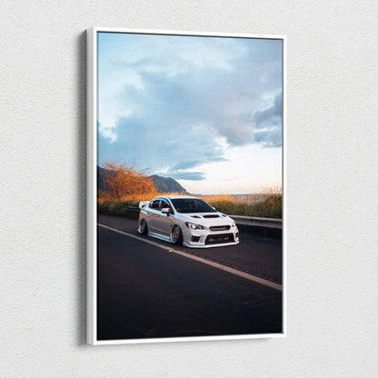 Vertical Subaru WRX STI canvas art with vivid sky and road, modern wall art print.