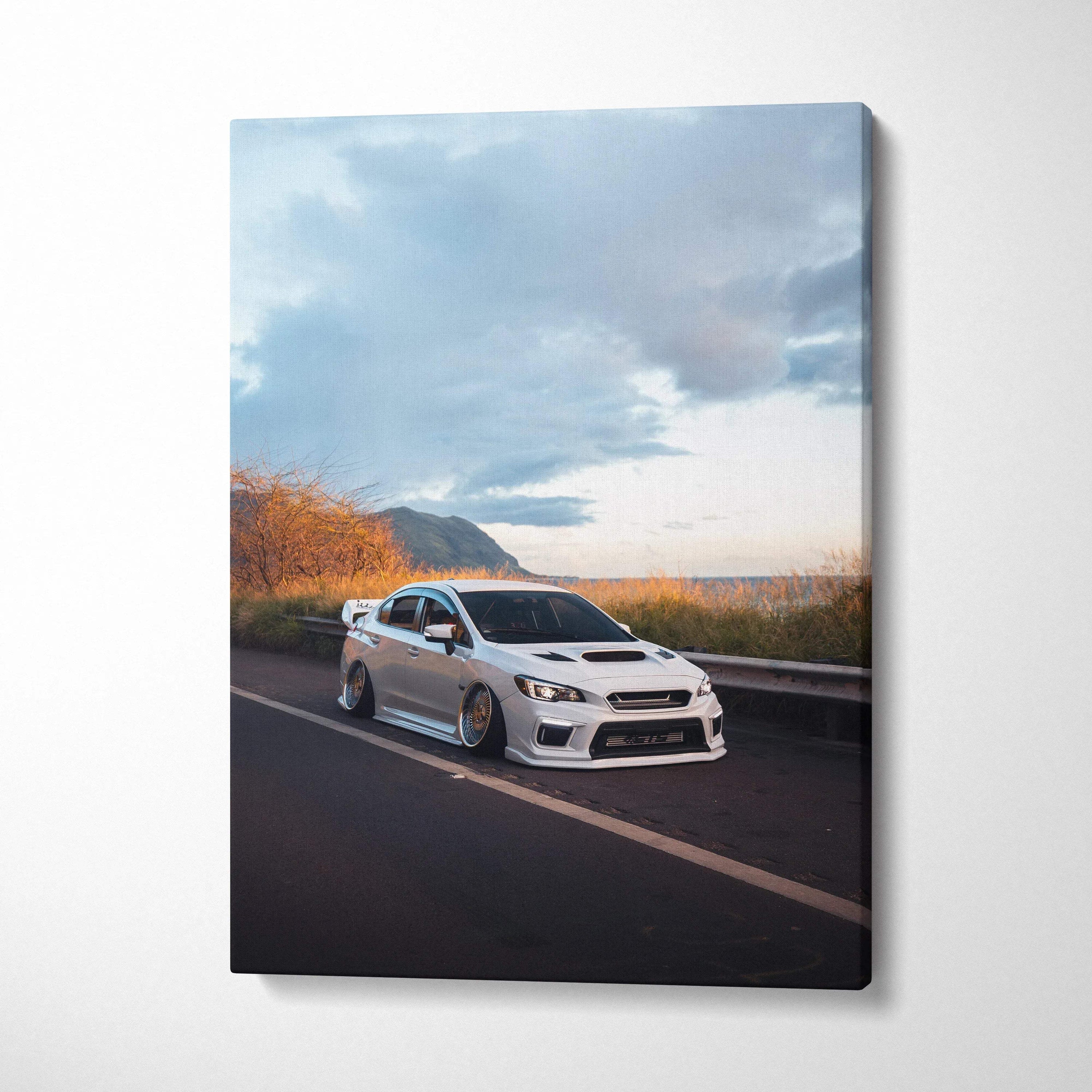 Subaru WRX STI car detailed print on vertical canvas wall art with scenic sky background.