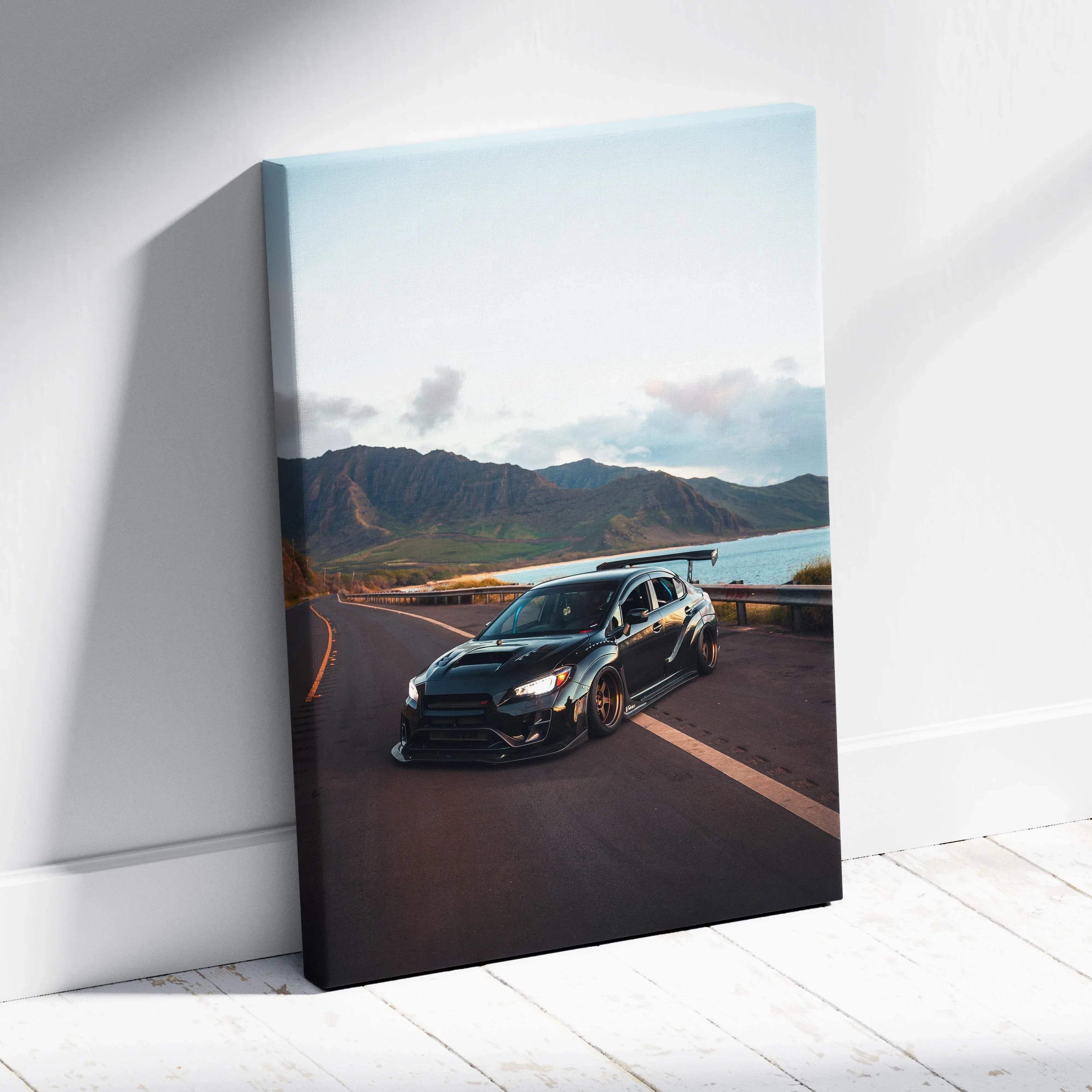 Subaru WRX STI car on scenic mountain road vertical canvas wall art print.