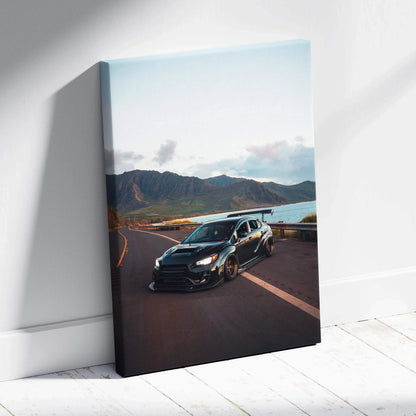 Subaru WRX STI car on scenic mountain road vertical canvas wall art print.