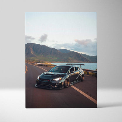 Subaru WRX STI on coastal road with mountains background vertical canvas wall art print.