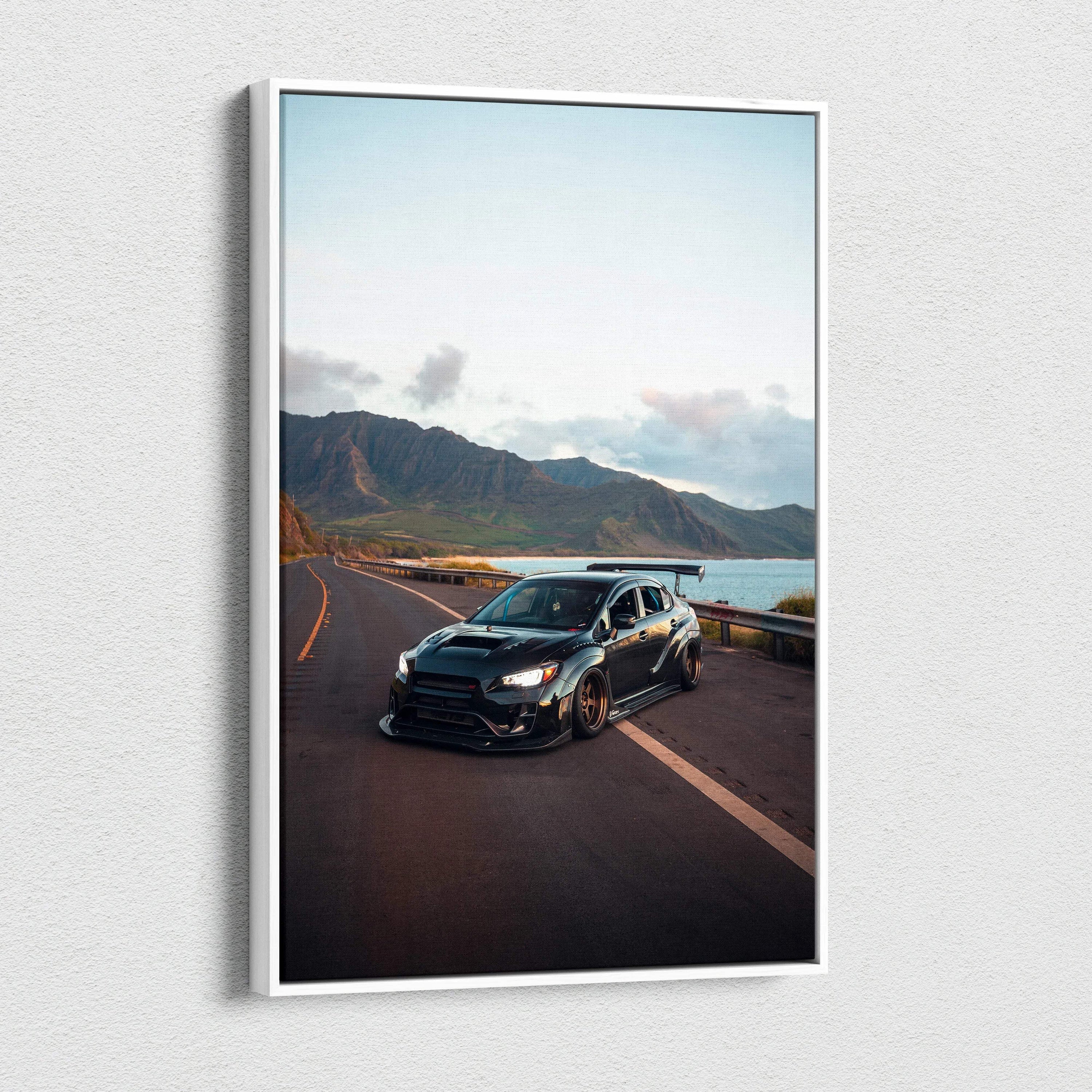 Subaru WRX STI on scenic mountain road canvas wall art with vertical format and sleek design.