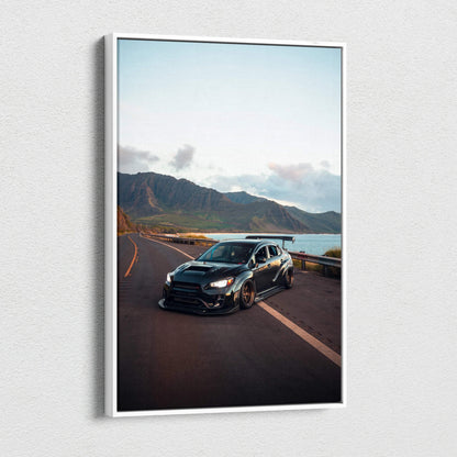 Subaru WRX STI on scenic mountain road canvas wall art with vertical format and sleek design.