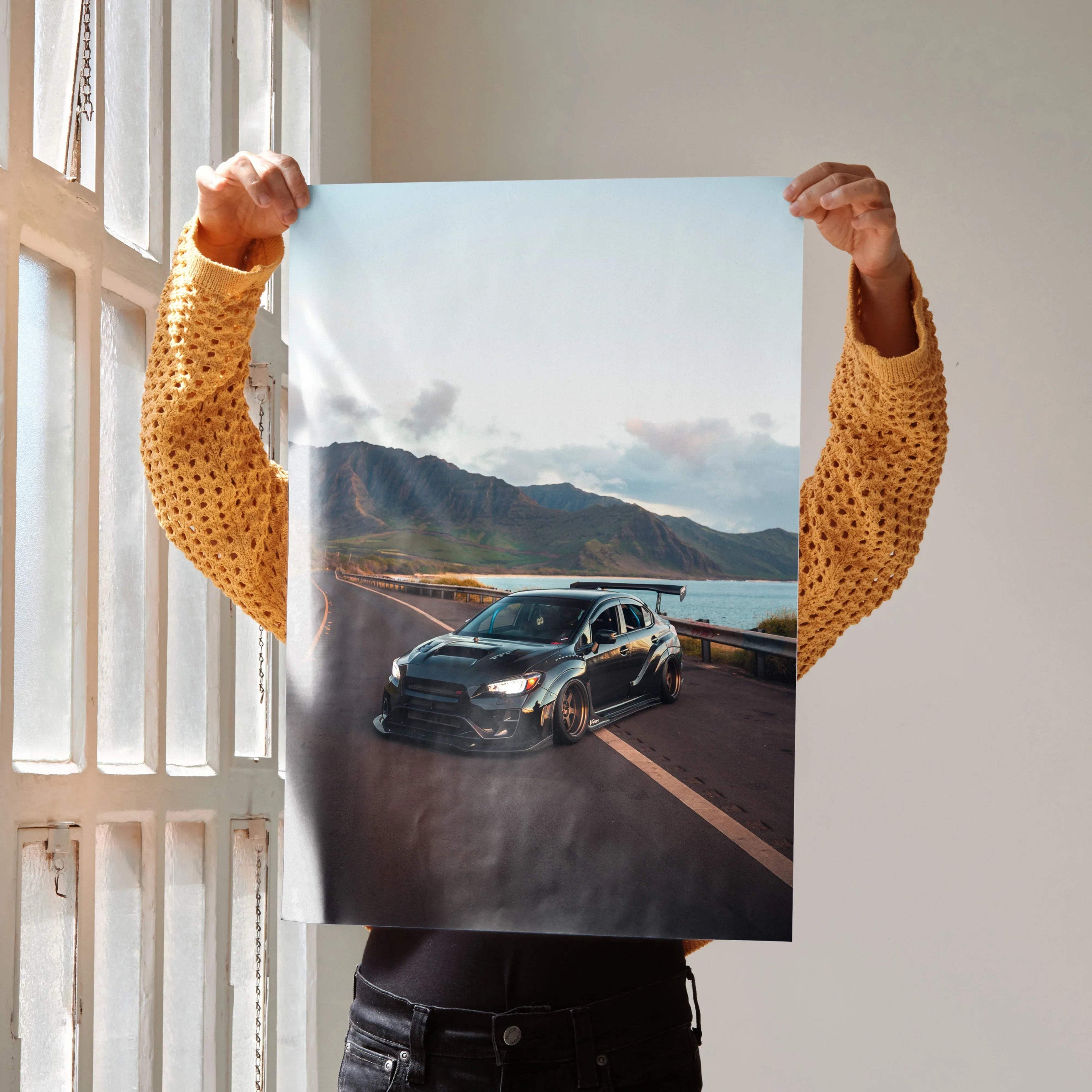 Subaru WRX STI JDM car poster showing the car on a scenic coastal road, wall art print.