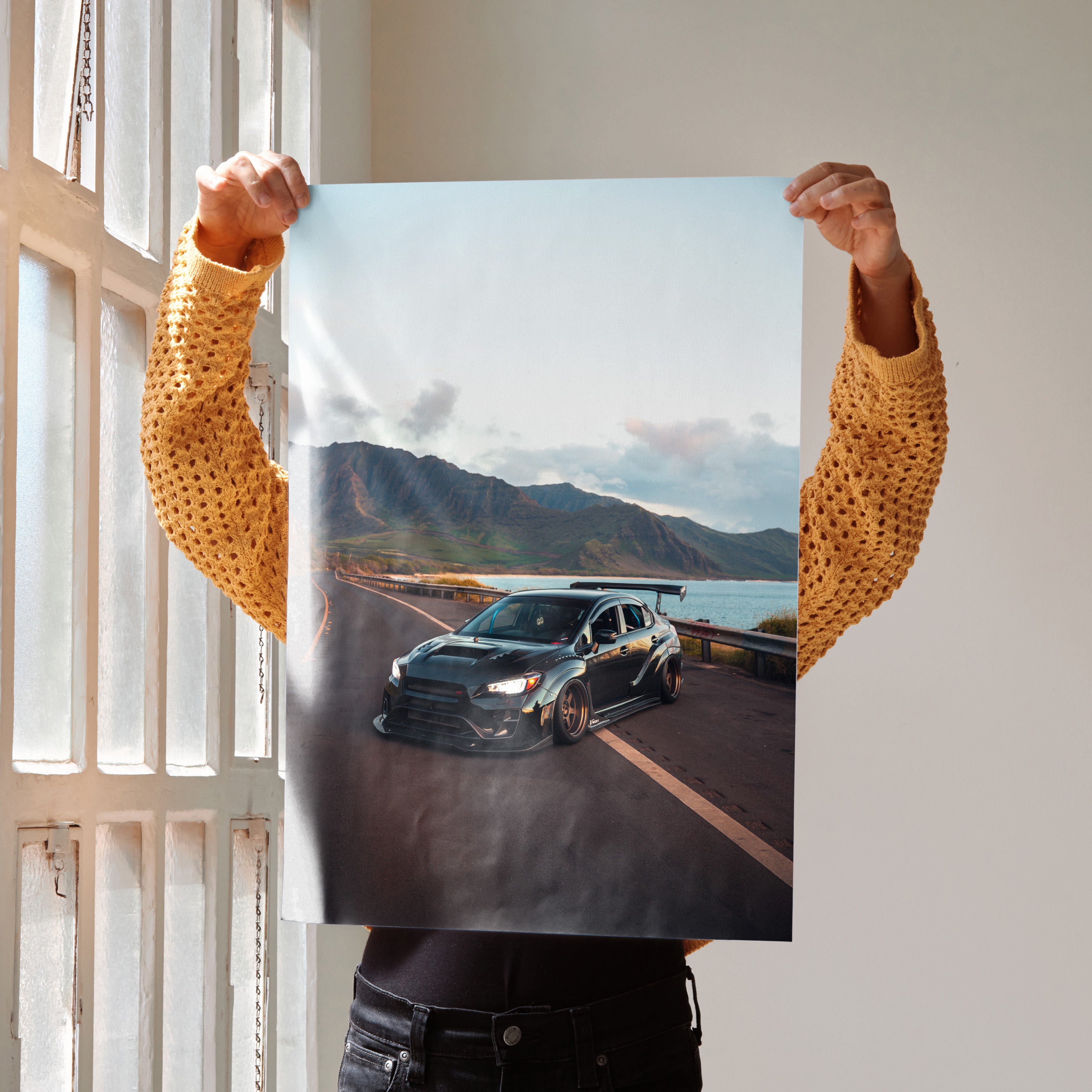 Subaru WRX STI JDM car poster showing the car on a scenic coastal road, wall art print.