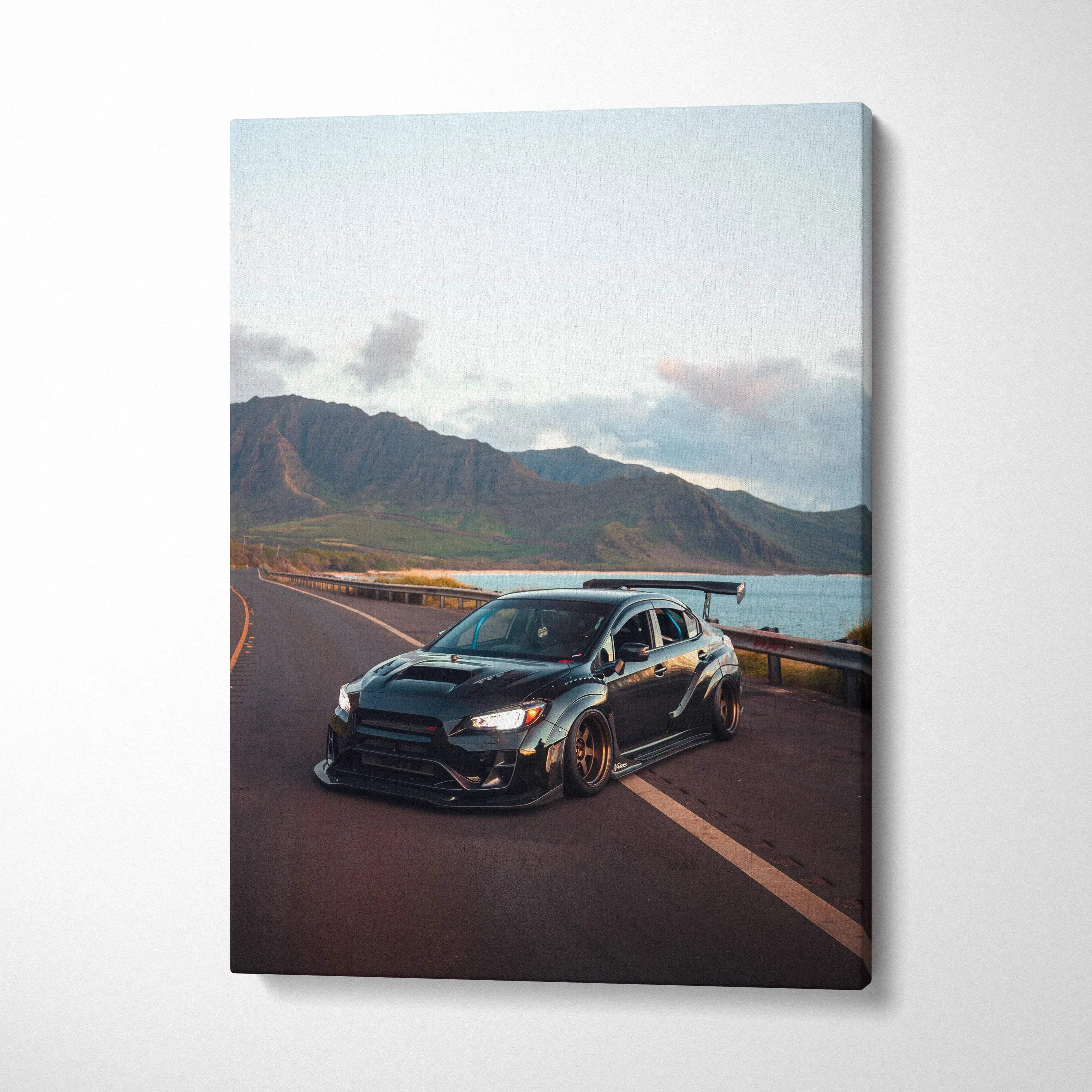 Subaru WRX STI on coastal road during sunset vertical canvas wall art print.