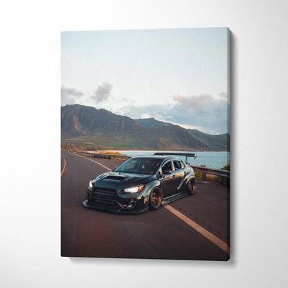 Subaru WRX STI on coastal road during sunset vertical canvas wall art print.