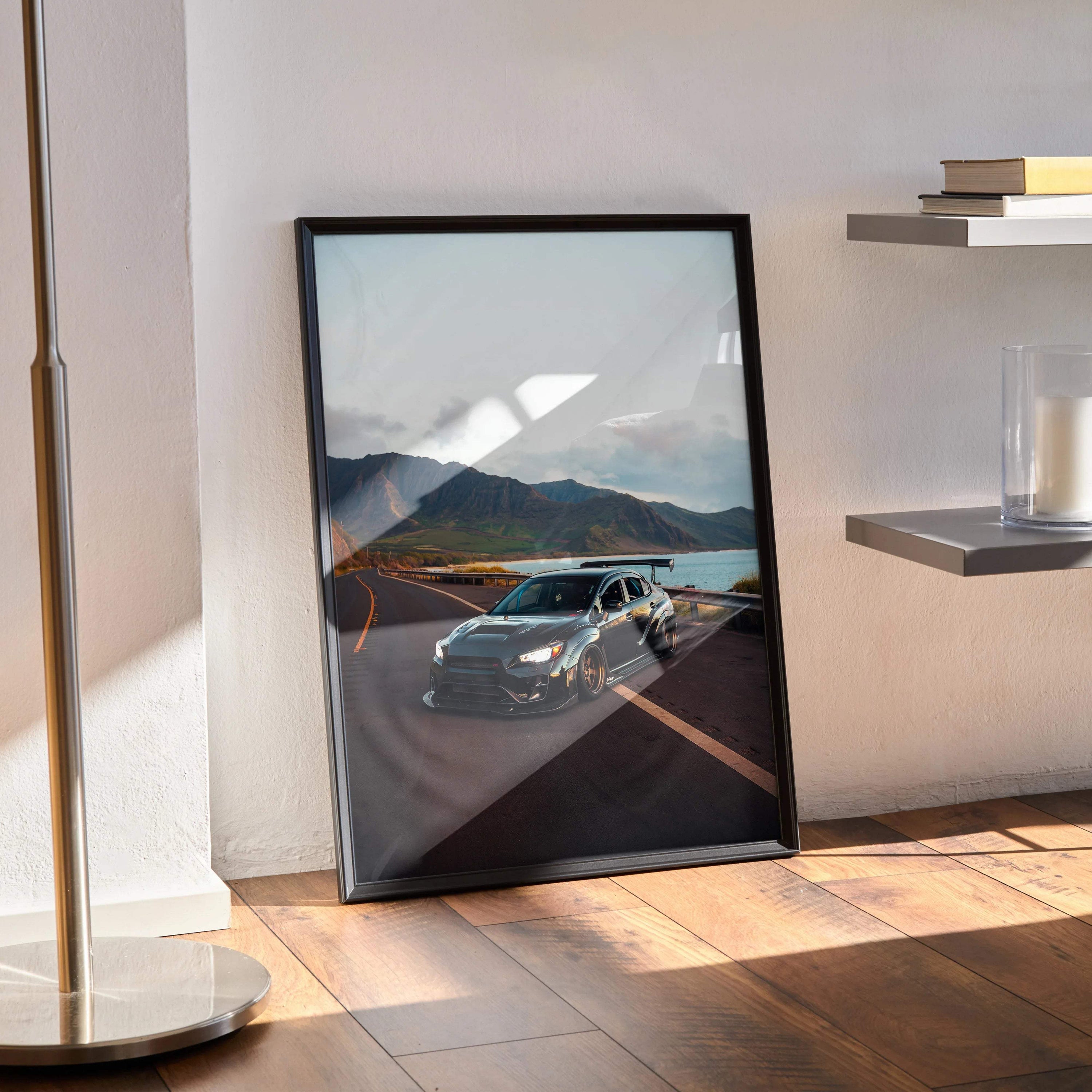 Subaru WRX STI on mountain road poster with black frame, modern wall art decor.