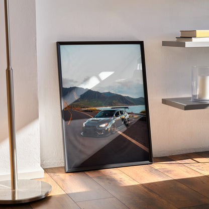 Subaru WRX STI on mountain road poster with black frame, modern wall art decor.